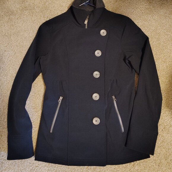 PrAna Asymmetrical Button Front Black Pea coat Soft Shell Jacket Water Repellant - Picture 11 of 15